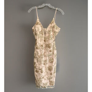 A’Gaci Cream Gold Embroidered Sequin Lace Bodycon Dress Size M - RUNS SMALL